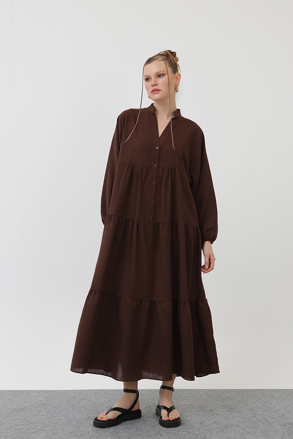 Kadın Keten Elbise - 32171ELB - BROWN