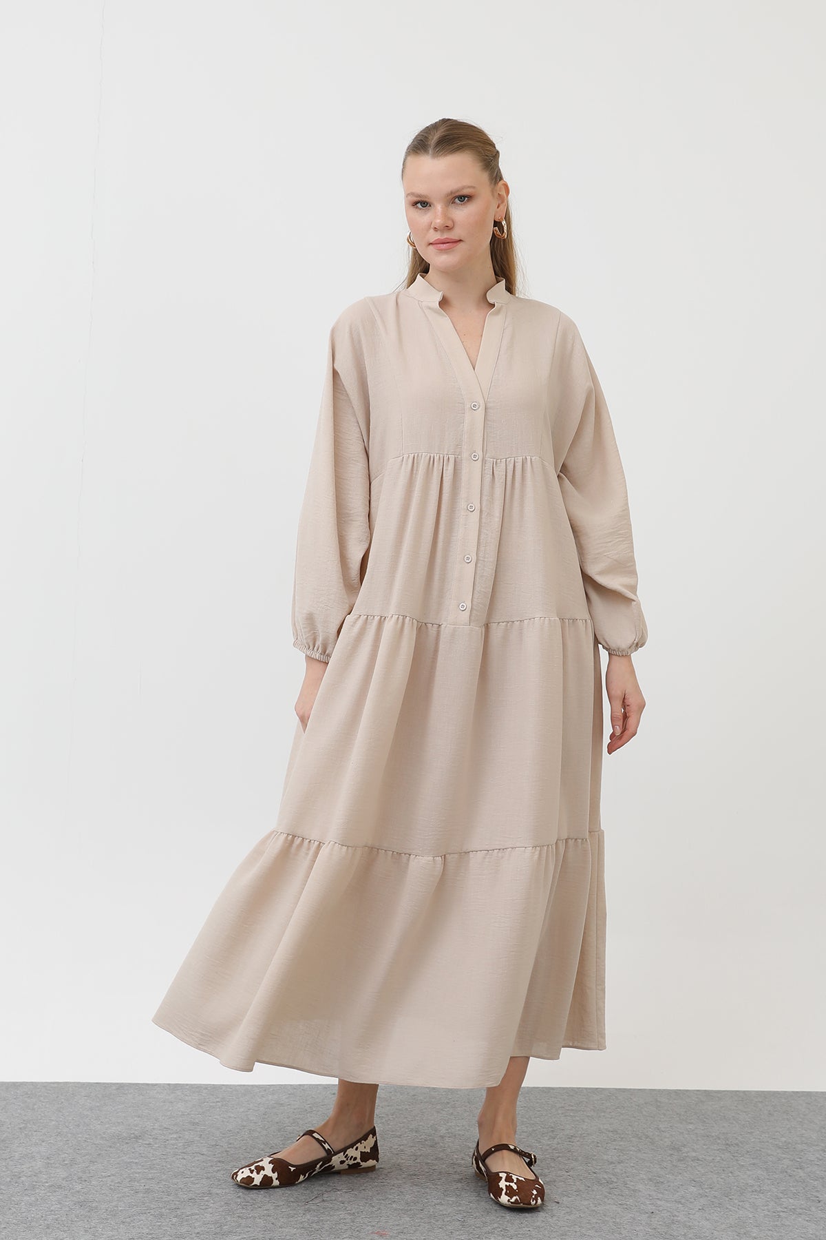 Kadın Keten Elbise - 32171ELB - BEIGE