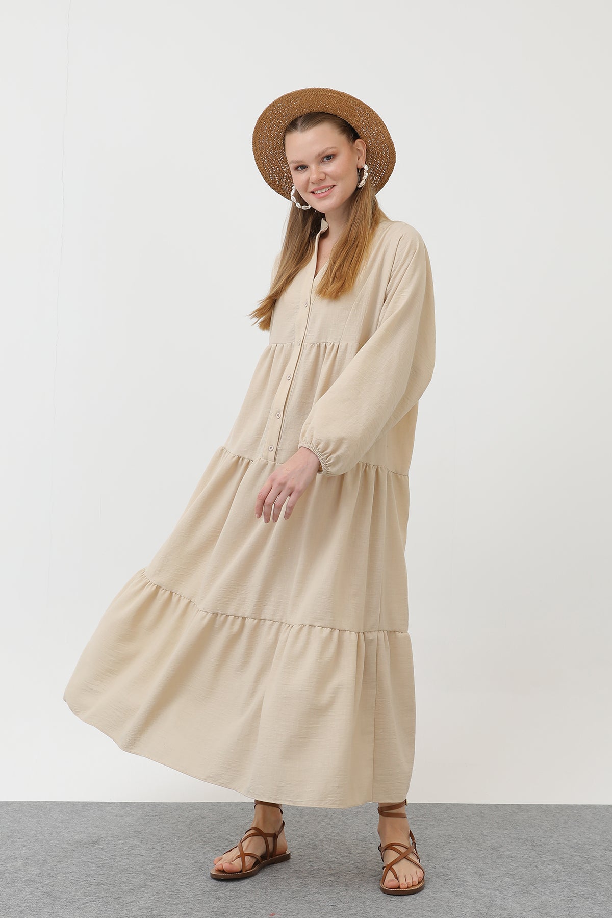 Kadın Keten Elbise - 32171ELB - DARK BEIGE
