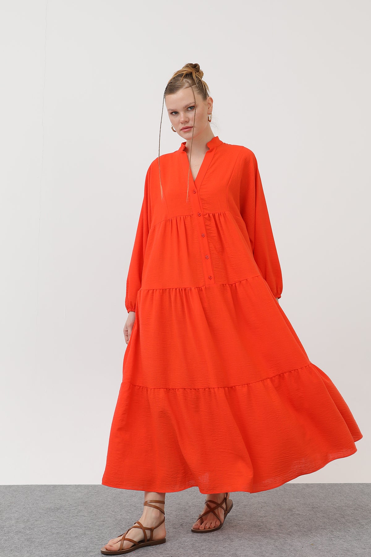 Kadın Keten Elbise - 32171ELB - LIGHT RED