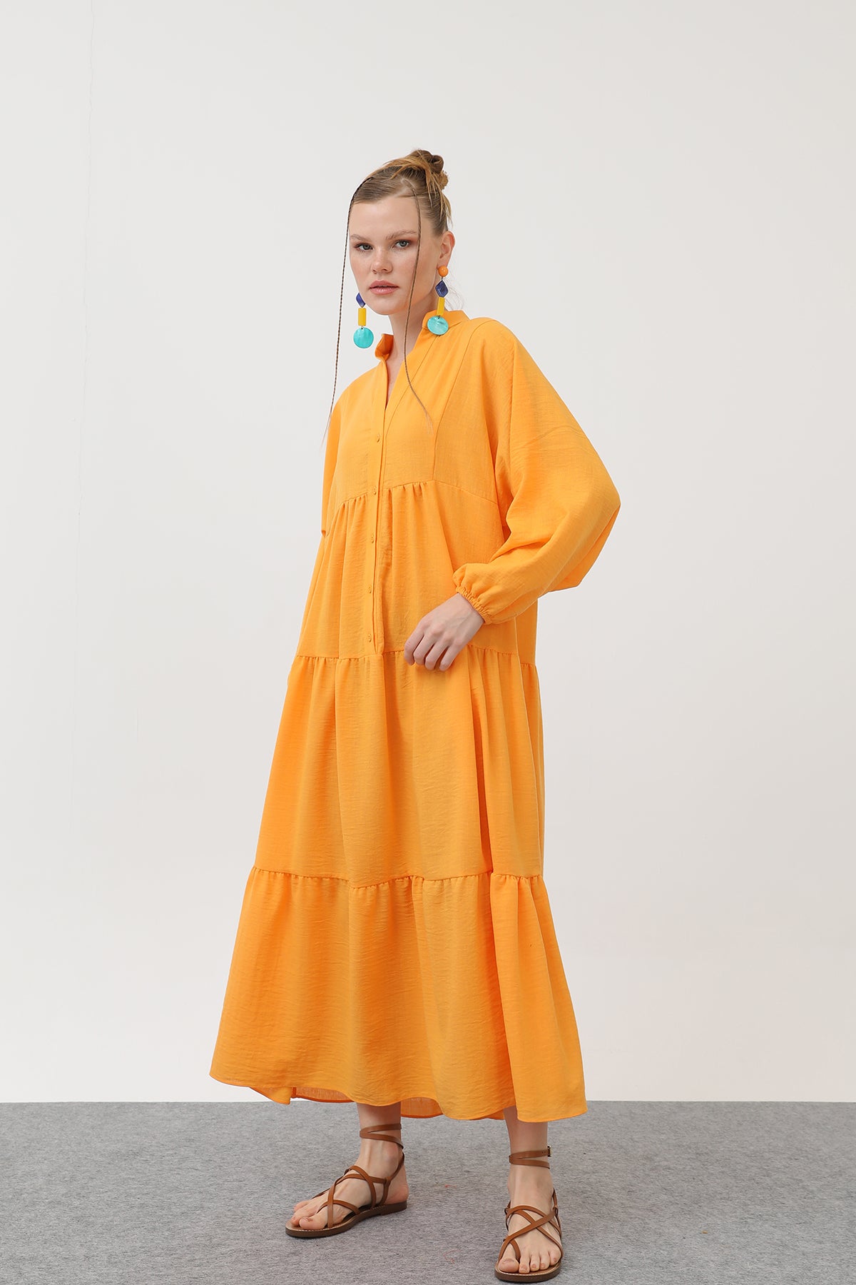 Kadın Keten Elbise - 32171ELB - YELLOW