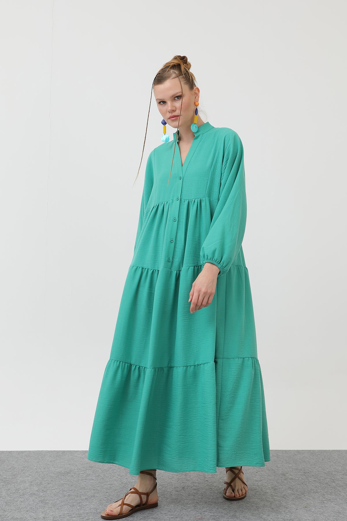 Kadın Keten Elbise - 32171ELB - GREEN