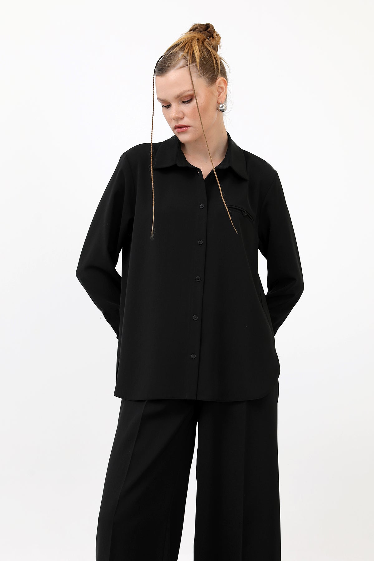 Kadın Cep Detaylı Gömlek - 32174GML - BLACK
