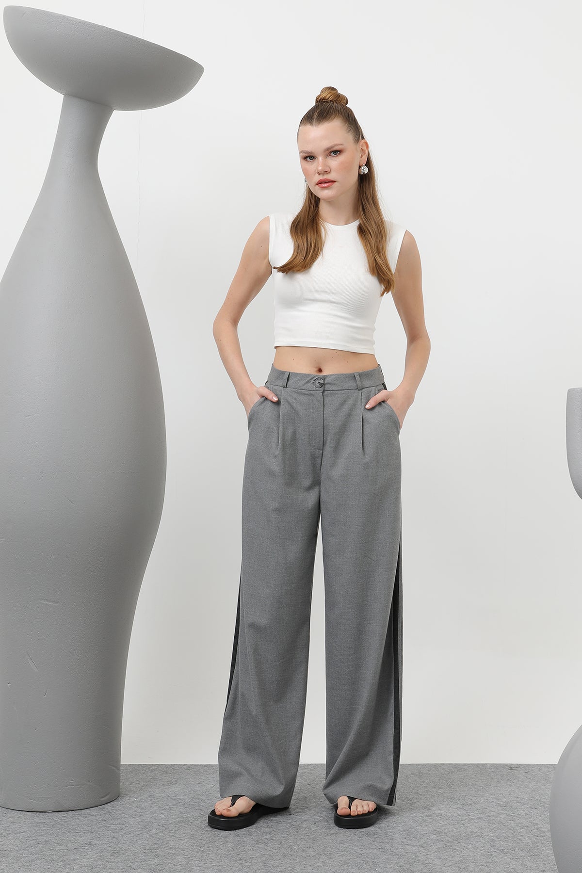 Kadın Garnili Pileli Pantolon - 32176PNT - GREY-ANTHRACITE