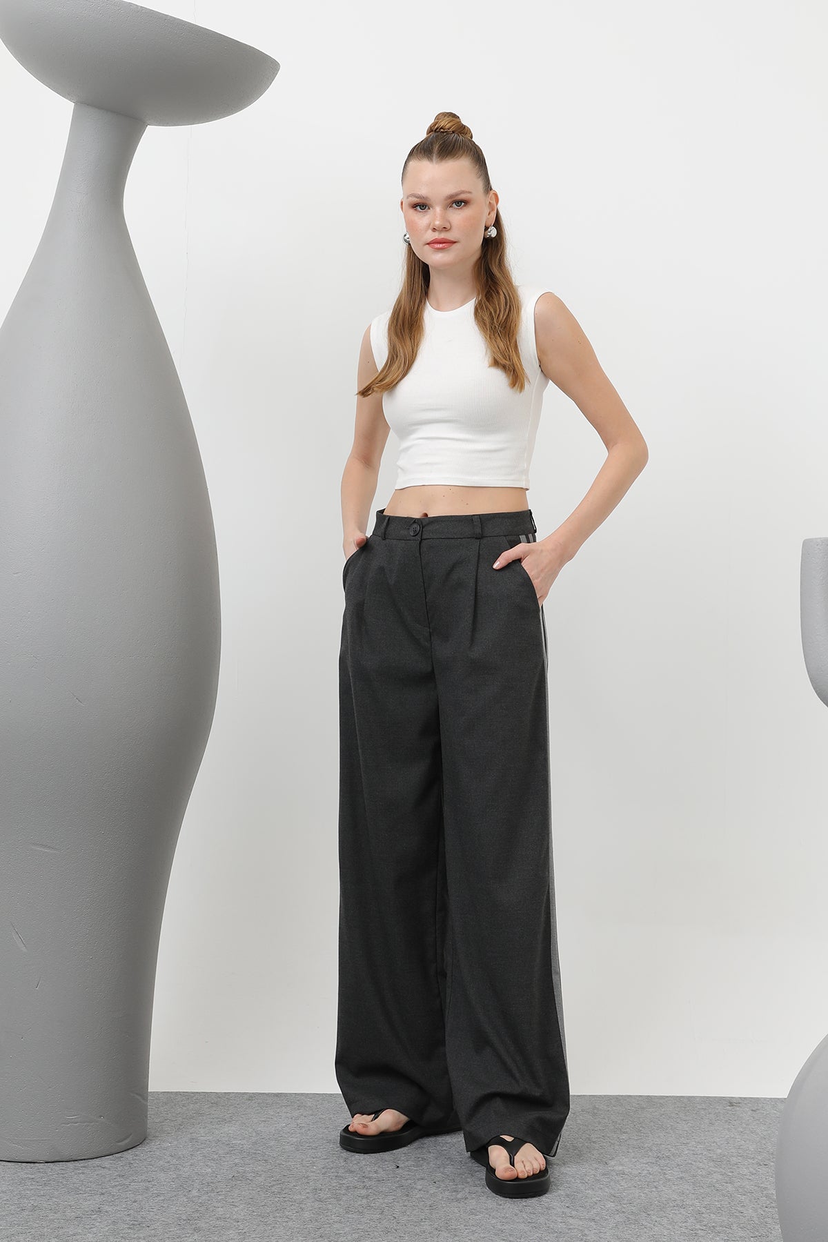 Kadın Garnili Pileli Pantolon - 32176PNT - ANTHRACITE-GREY