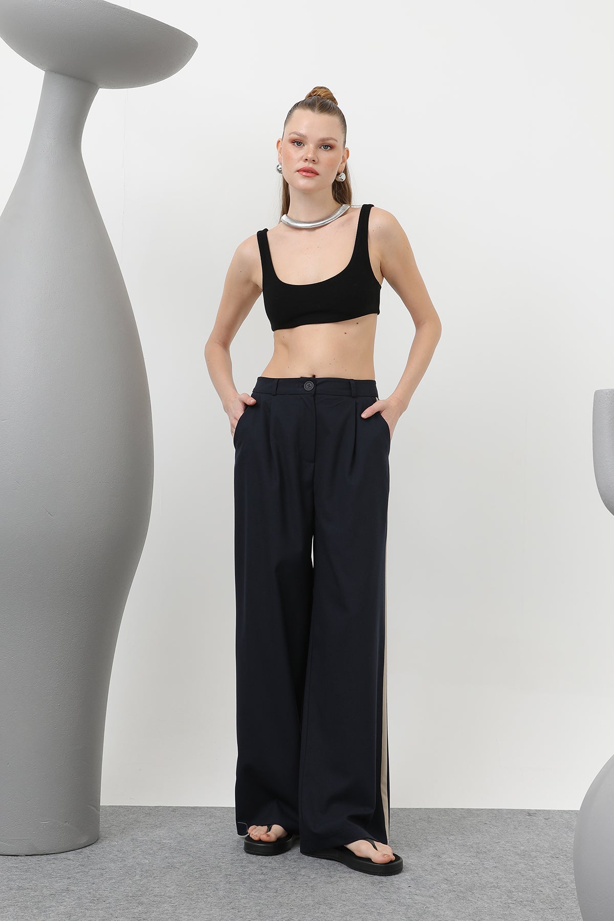 Kadın Garnili Pileli Pantolon - 32176PNT - NAVY-BEIGE