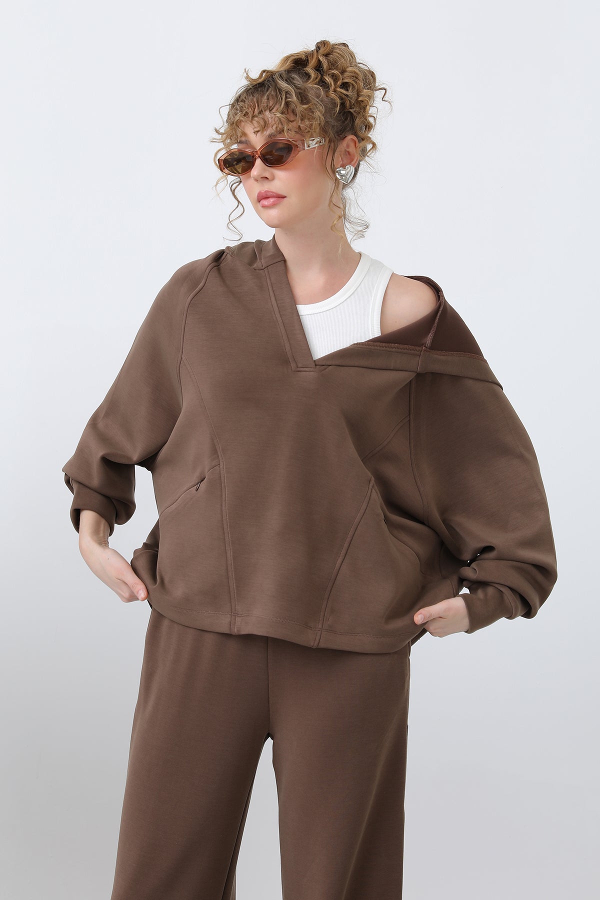 Kadın Gizli Fermuar Detaylı Sweat - 32188SWT - BROWN