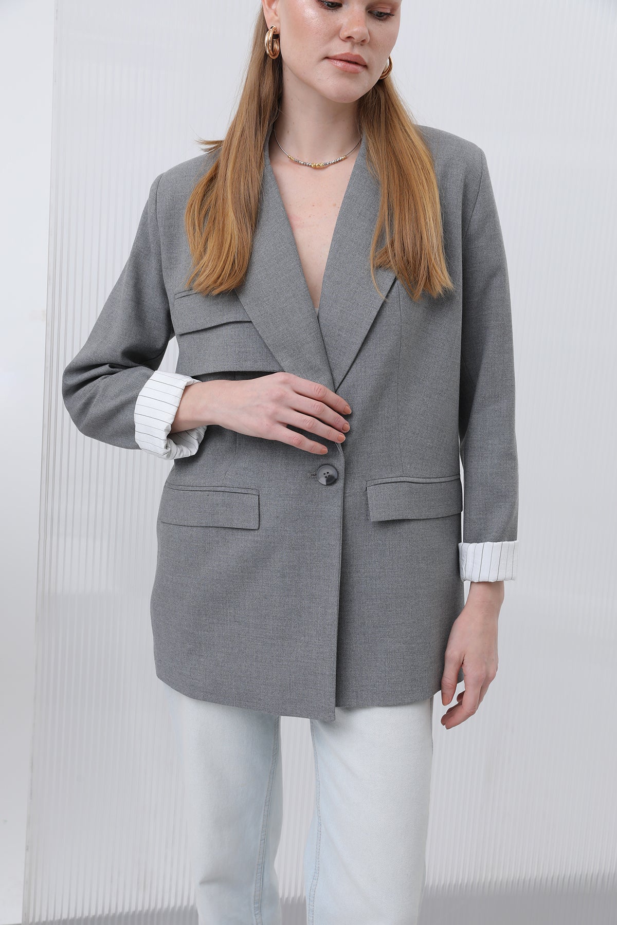 Kadın Cepli Çizgi Garnili Blazer Ceket - 32190CKT