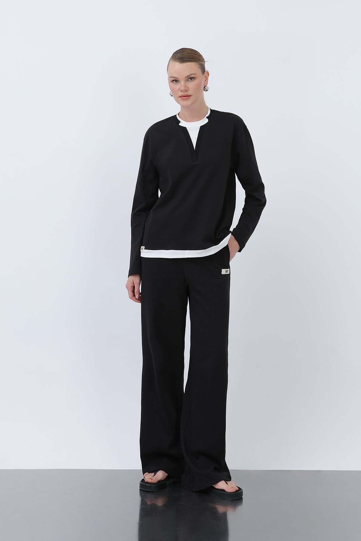 Kadın Basic Garnili Sweatshirt - BLACK