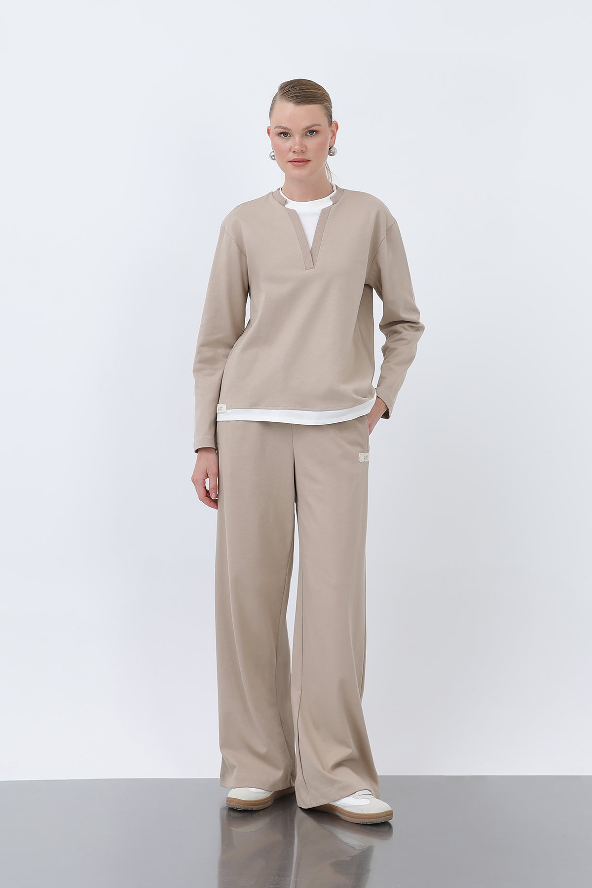 Kadın Basic Garnili Sweatshirt - BEIGE