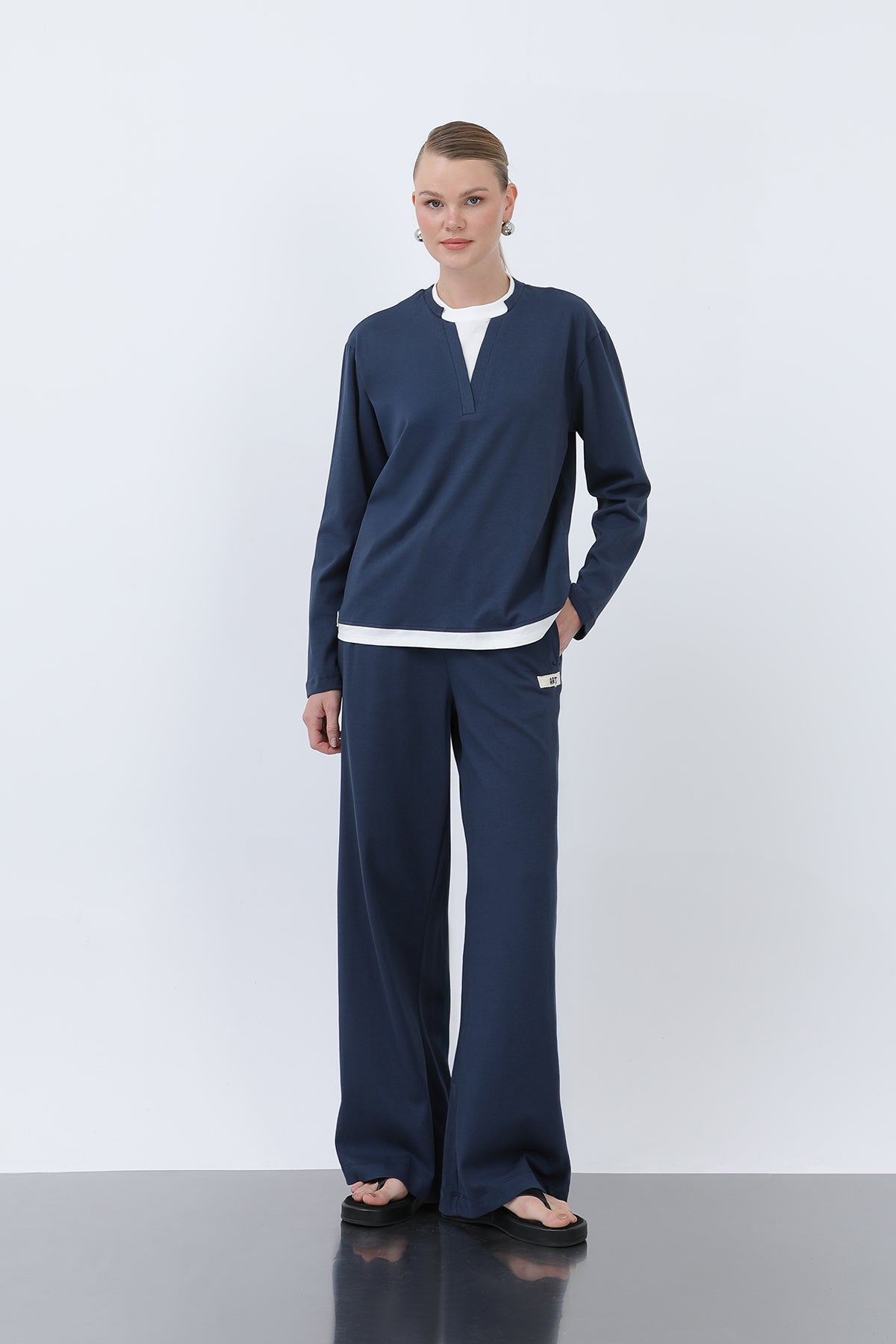 Kadın Basic Garnili Sweatshirt - NAVY