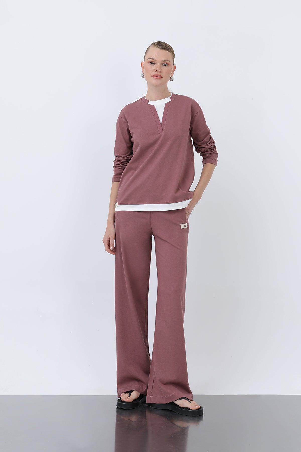 Kadın Basic Garnili Sweatshirt - ROSE