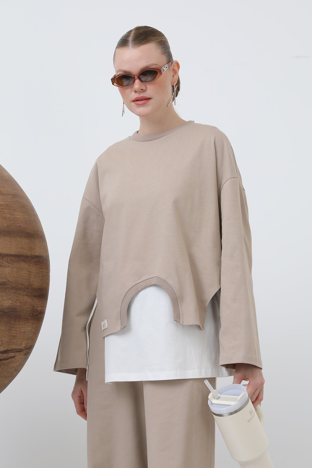 Kadın Basic Asimetrik Garnili Sweatshirt - 32223SWT - BEIGE