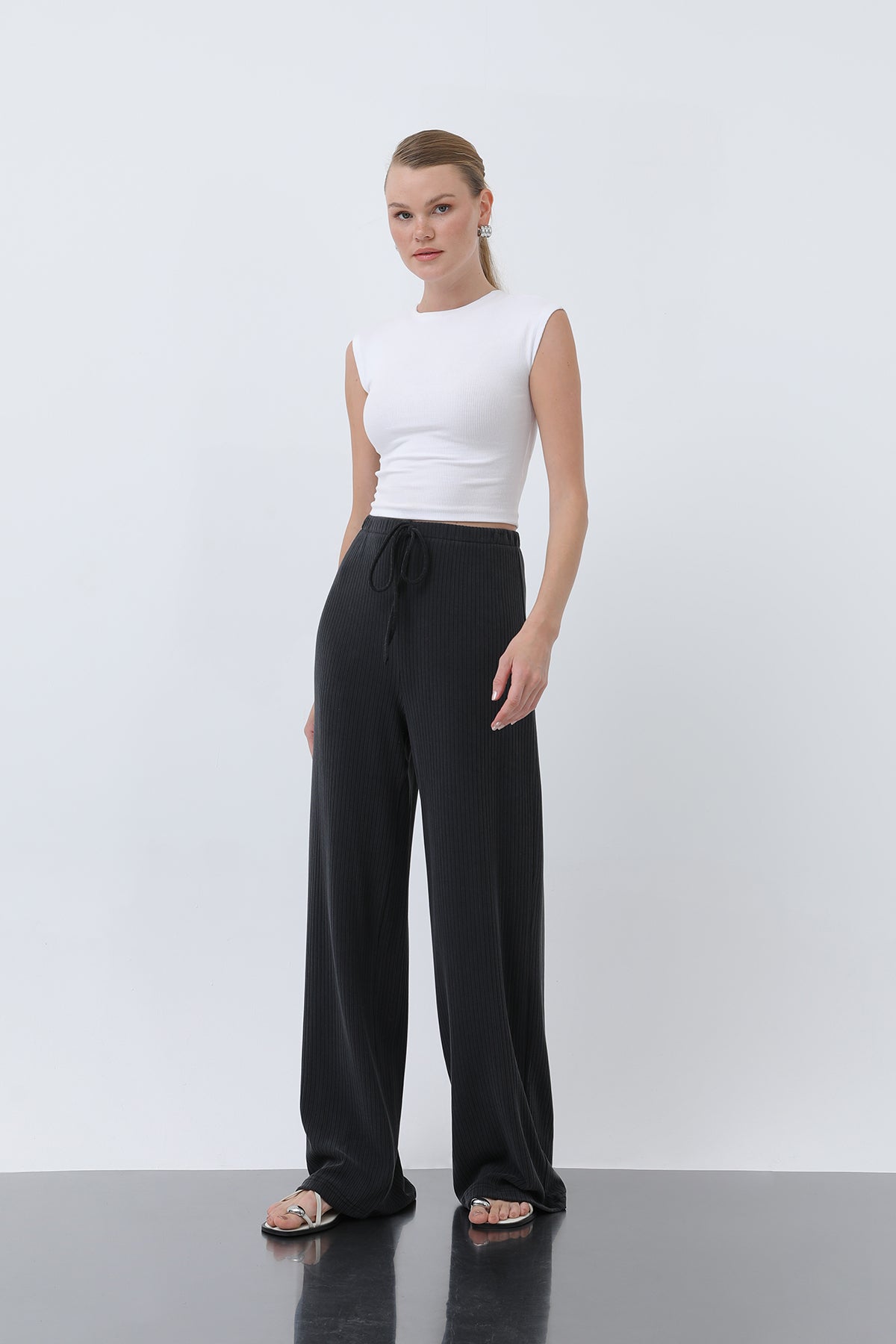 Kadın Fitilli Belden Bağlamalı Pantolon -32224PNT - BLACK
