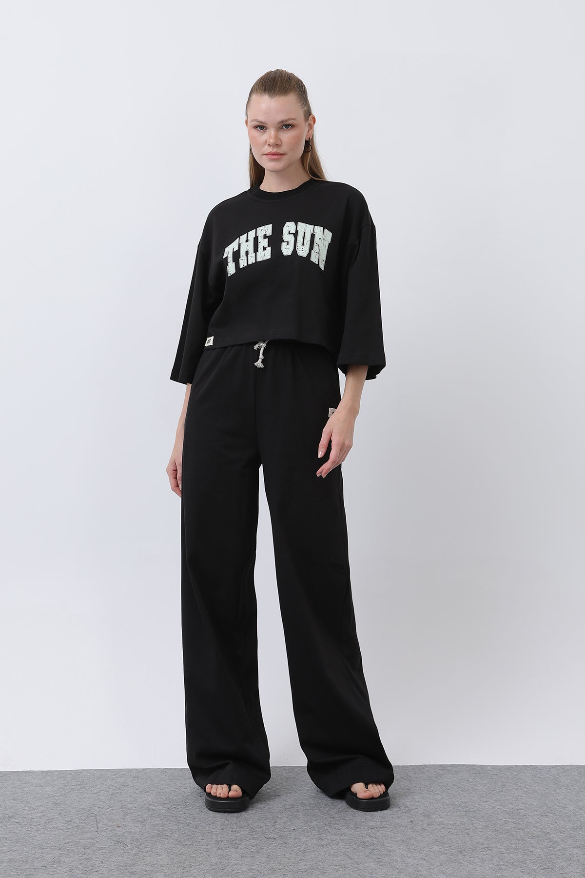 Kadın Önü Baskılı İkili Pantolonlu Takım - 32226TKS - BLACK