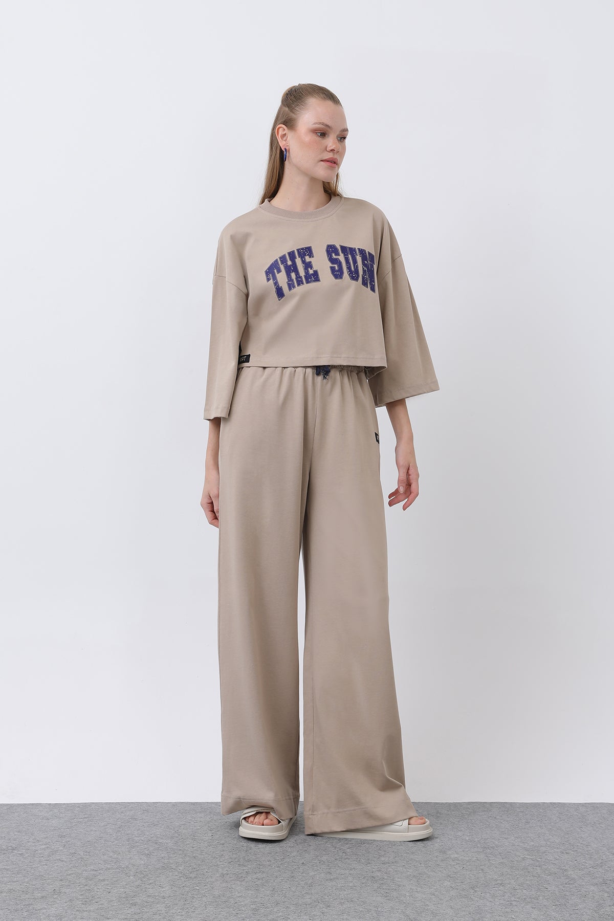 Kadın Önü Baskılı İkili Pantolonlu Takım - 32226TKS - BEIGE