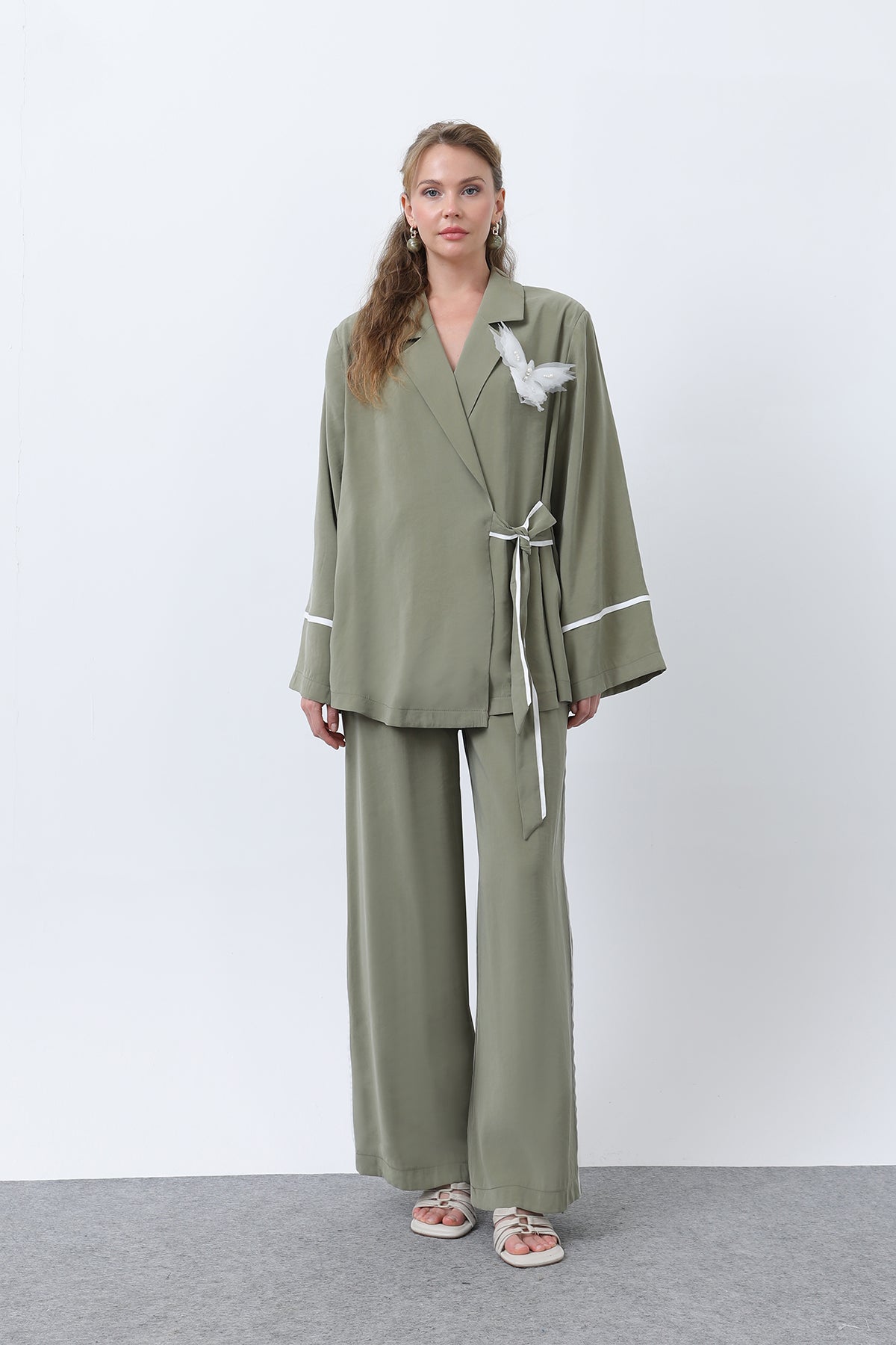 Kadın Kelebekli Kimona Pantolon Takım -32229TKS - ALMOND GREEN