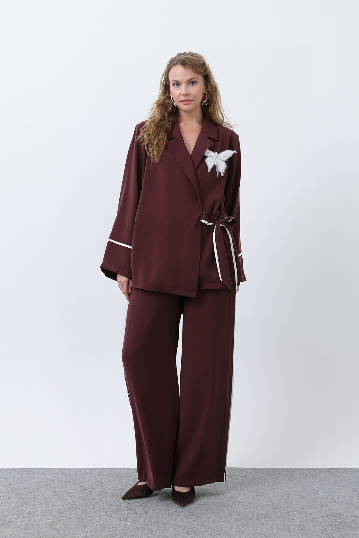 Kadın Kelebekli Kimona Pantolon Takım -32229TKS - BURGUNDY