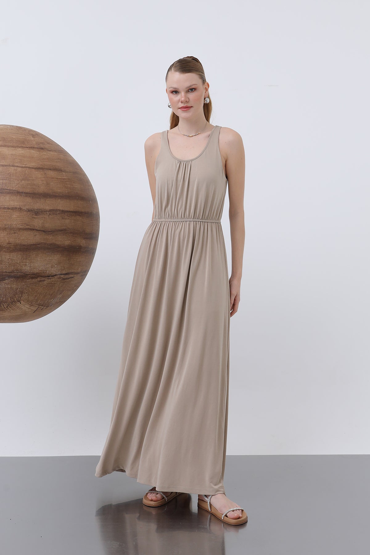 Kadın Basic Askılı Uzun Elbise - 32235ELB - BEIGE