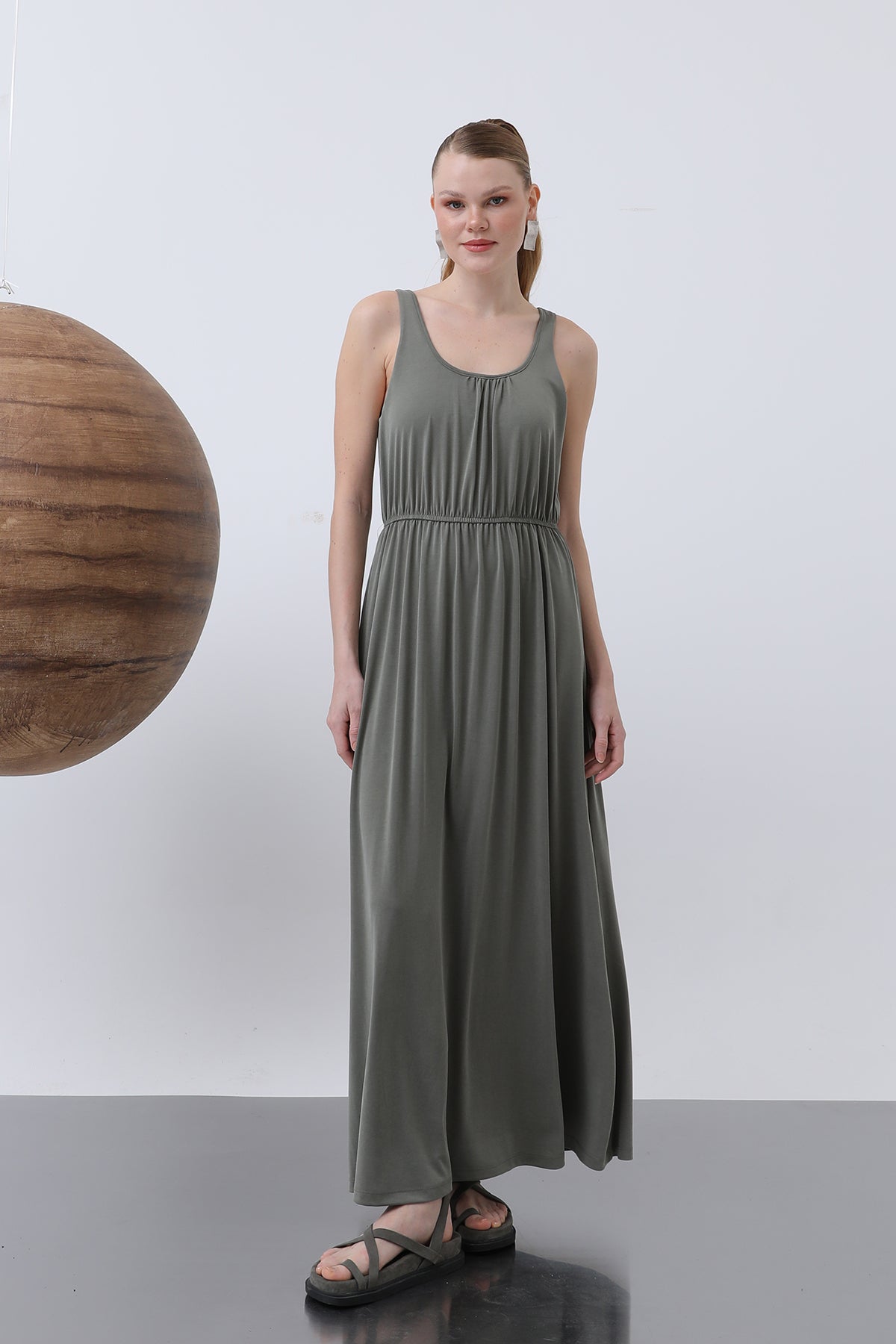 Kadın Basic Askılı Uzun Elbise - 32235ELB - KHAKI