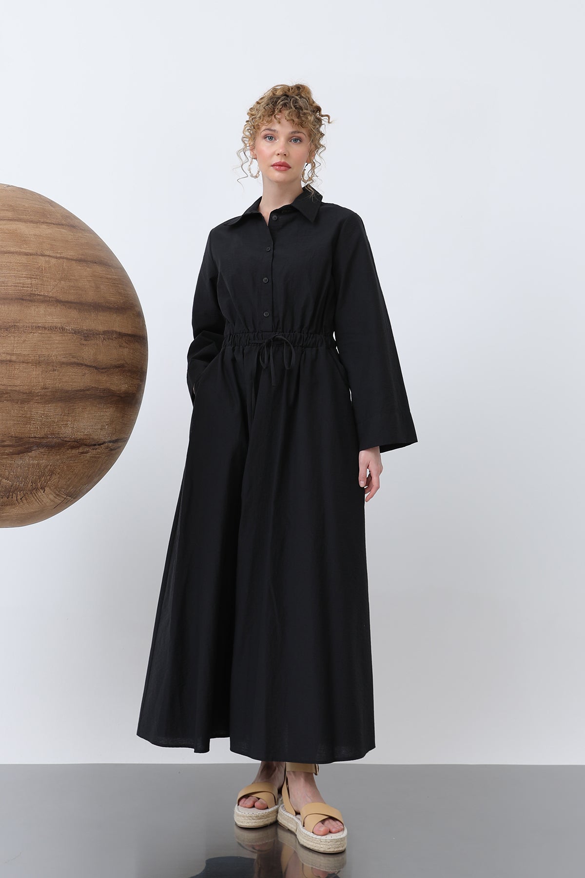 Kadın Belden Bağlamalı Uzun Kollu Elbise - 32243ELB - BLACK