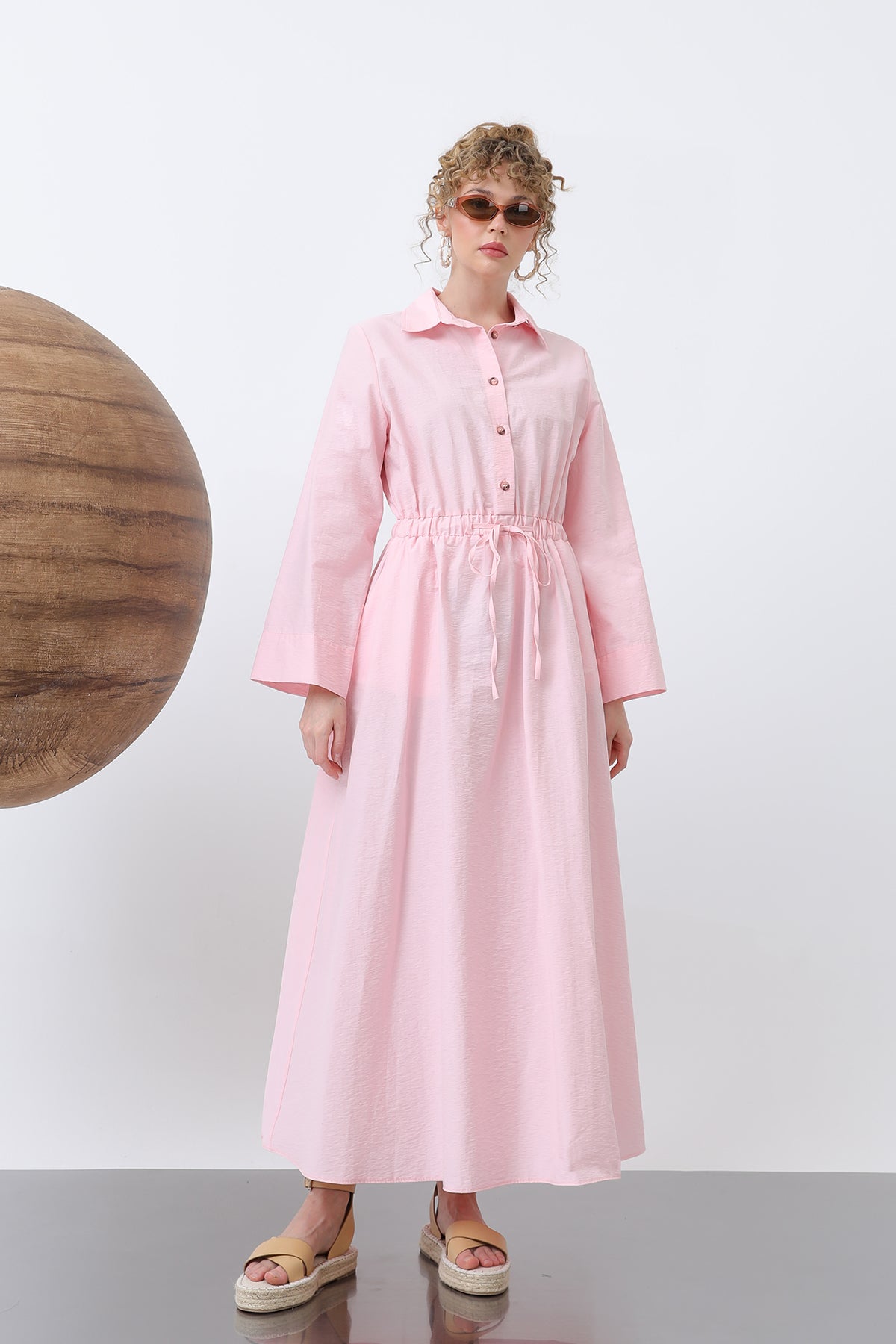 Kadın Belden Bağlamalı Uzun Kollu Elbise - 32243ELB - PINK
