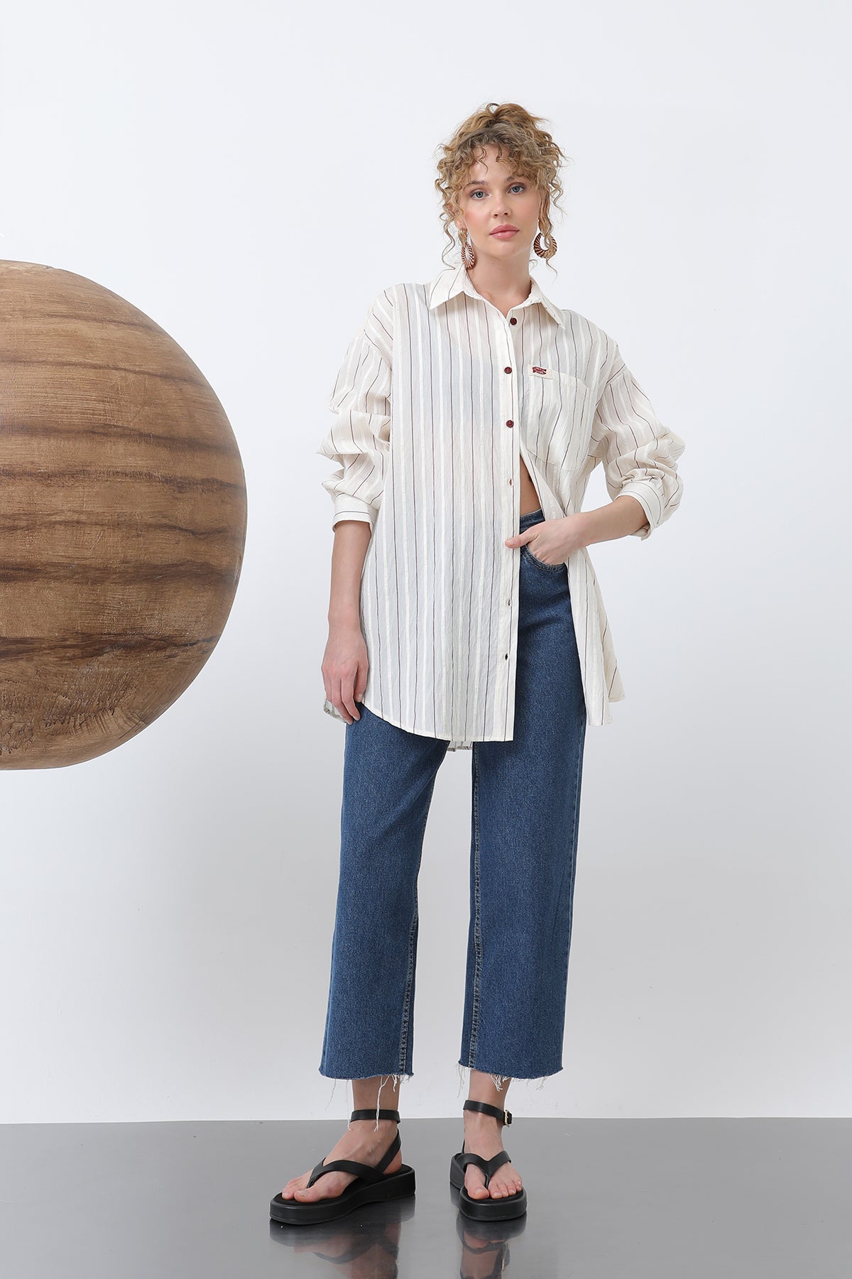 Kadın Çizgili Basic Gömlek -32247GML - BURGUNDY