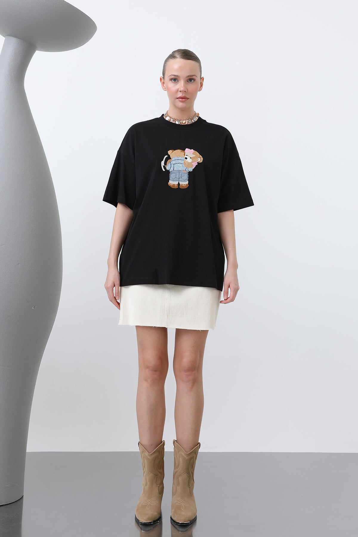 Ayıcık Nakışlı Basic Tshirt -32253TSH