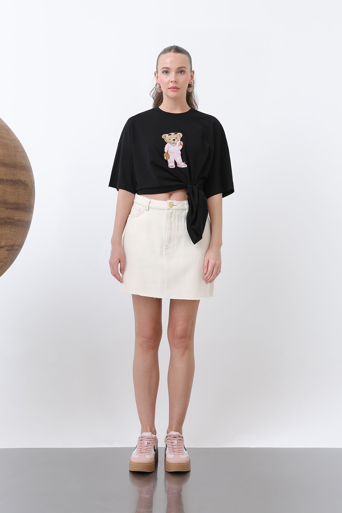 Kadın Ayıcık Nakışlı Basic Tshirt -32256TSH