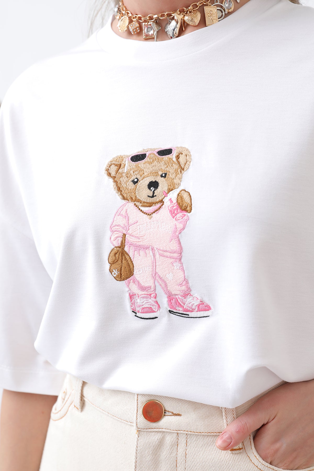 Kadın Ayıcık Nakışlı Basic Tshirt -32256TSH