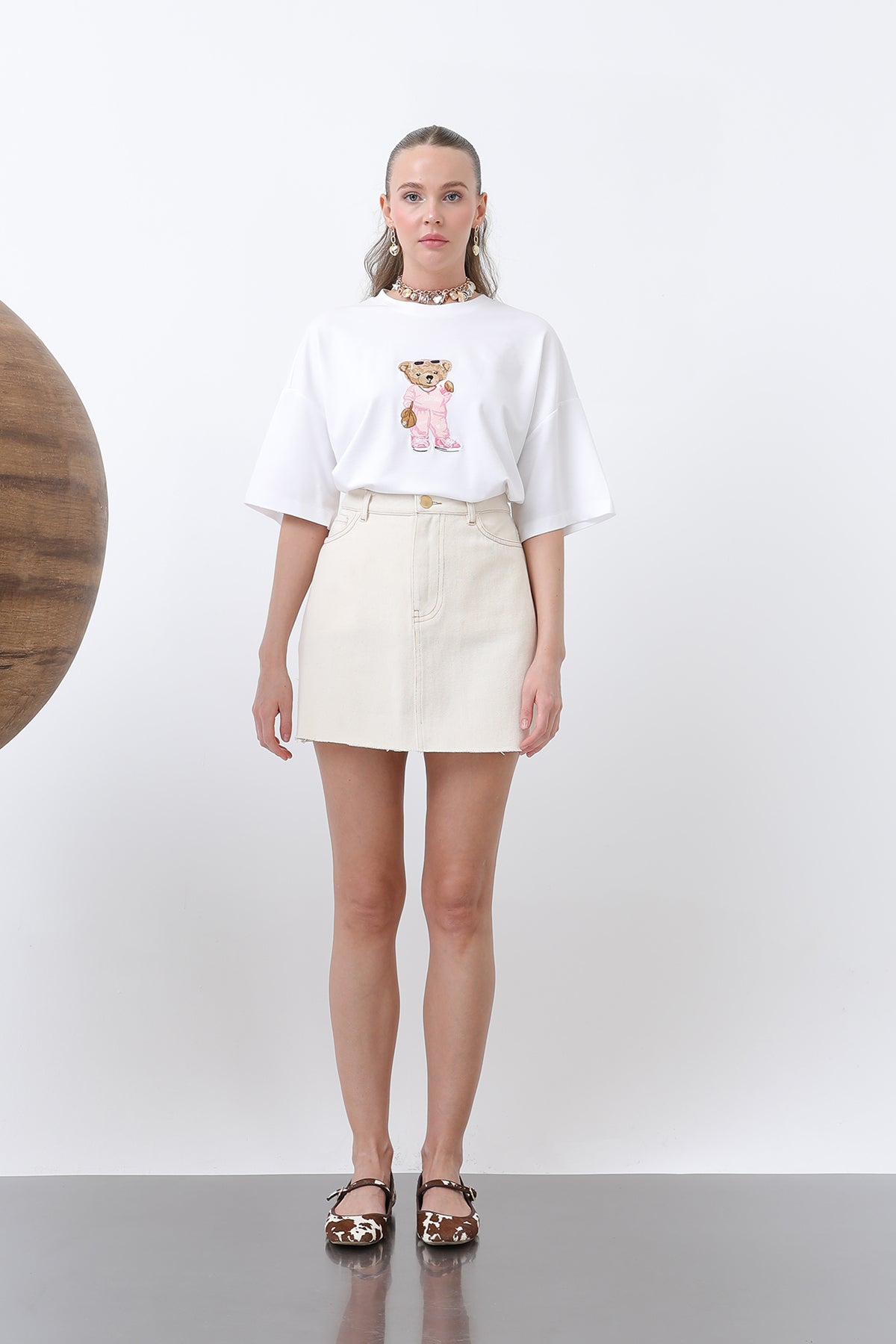 Kadın Ayıcık Nakışlı Basic Tshirt -32256TSH