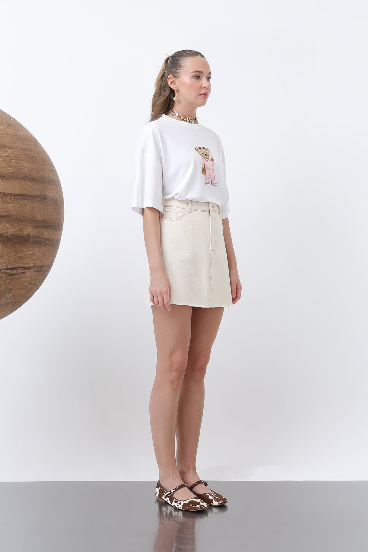 Kadın Ayıcık Nakışlı Basic Tshirt -32256TSH