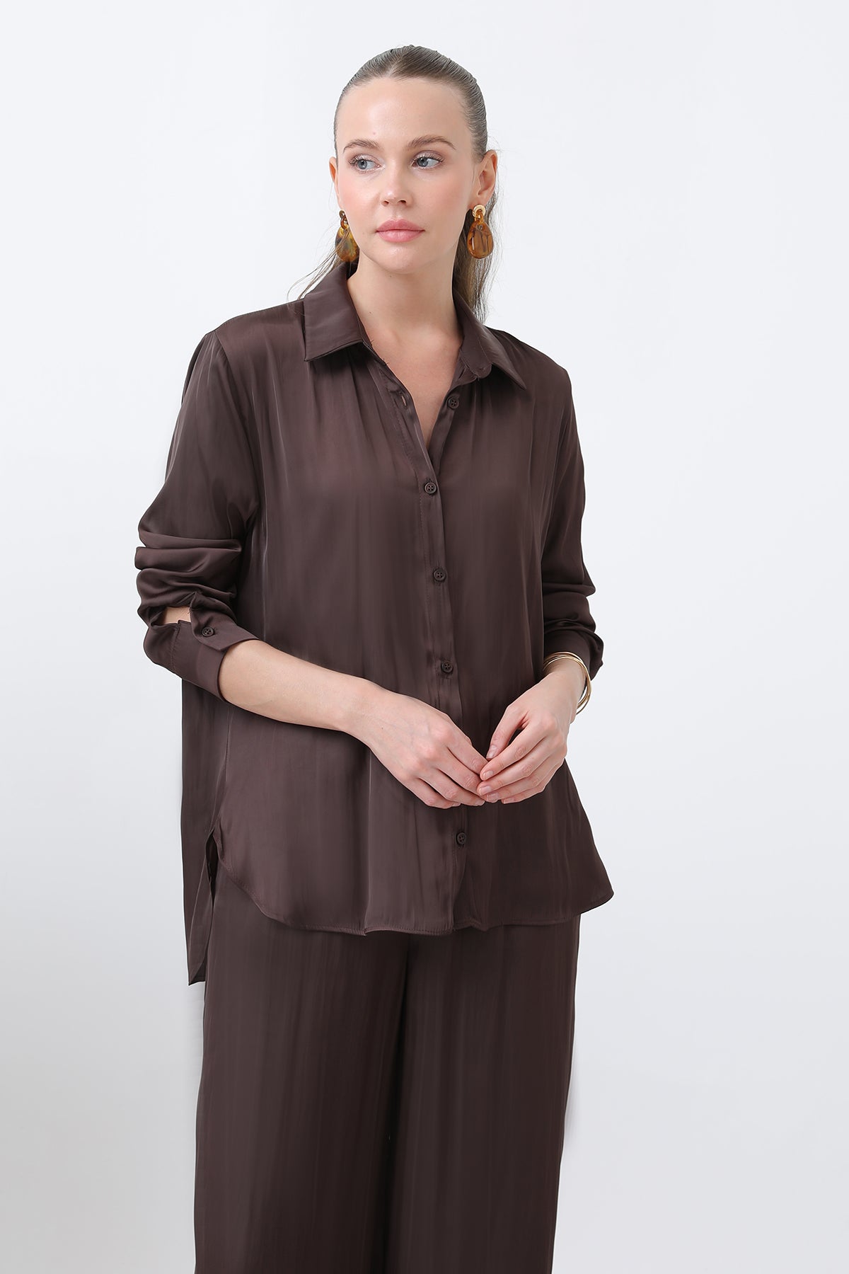Kadın Saten Gömlek - 32258GML - BROWN