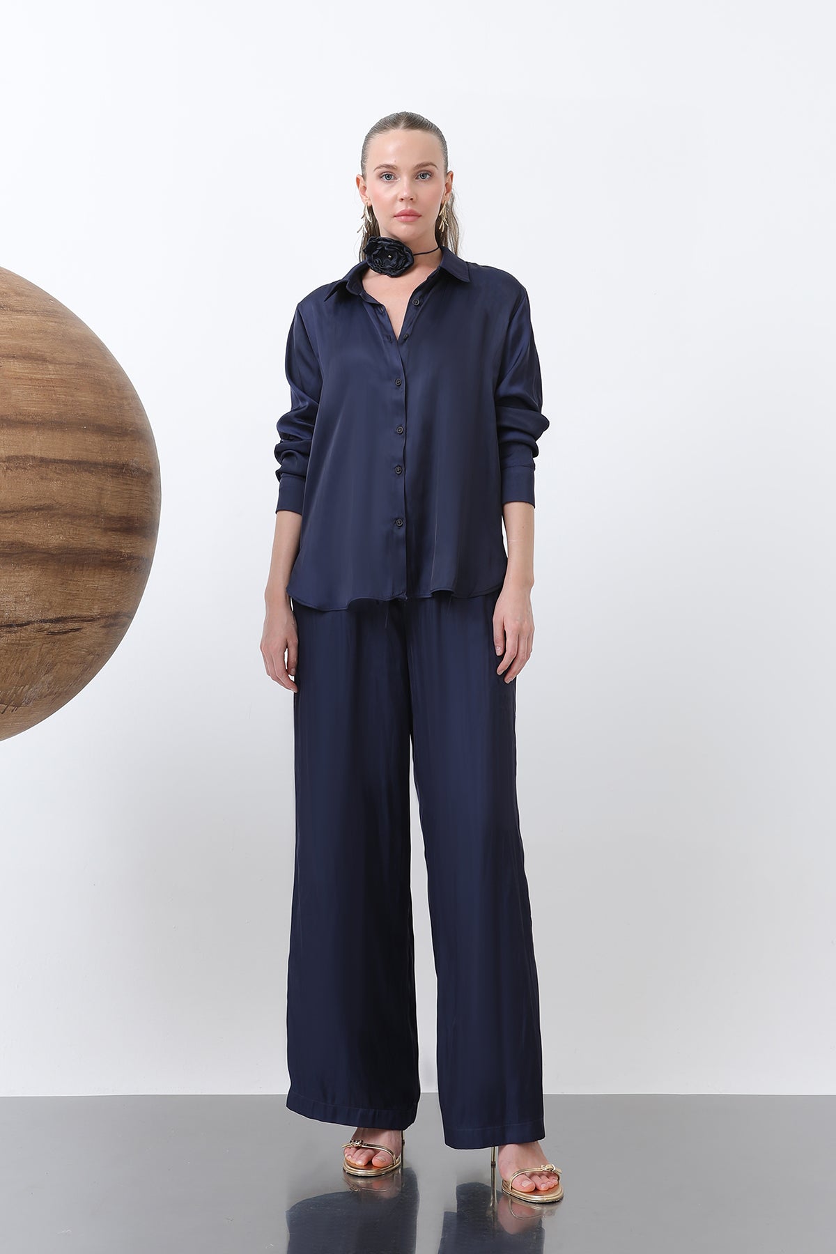 Kadın Saten Gömlek - 32258GML - NAVY