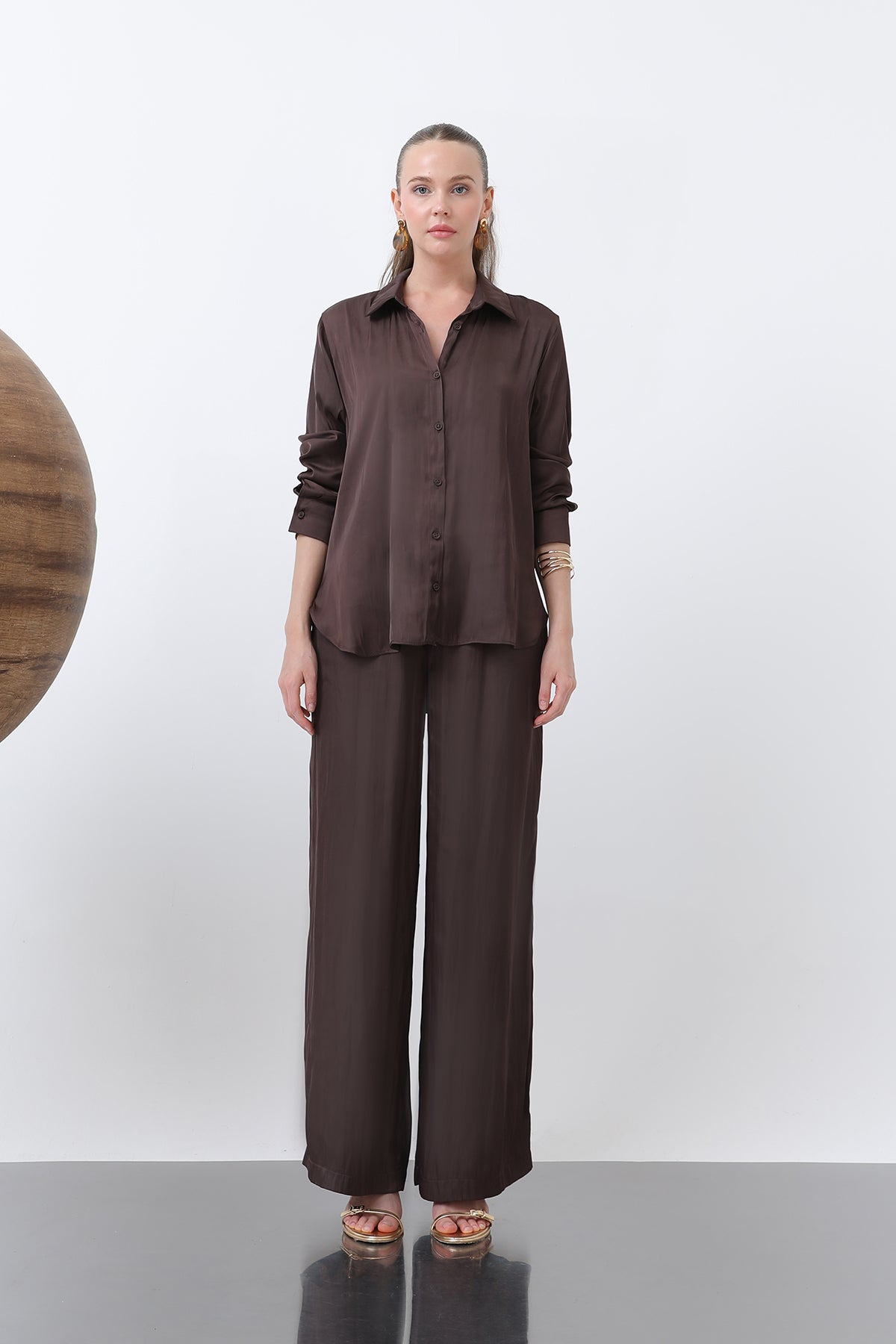 Kadın Saten Belden Bağlamalı Pantalon - 32259PNT - BROWN