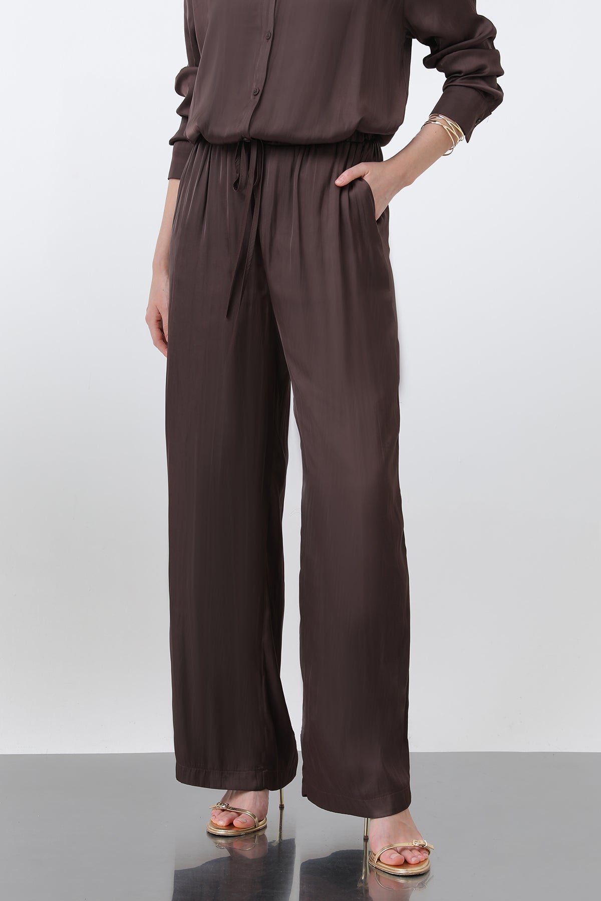 Kadın Saten Belden Bağlamalı Pantalon - 32259PNT