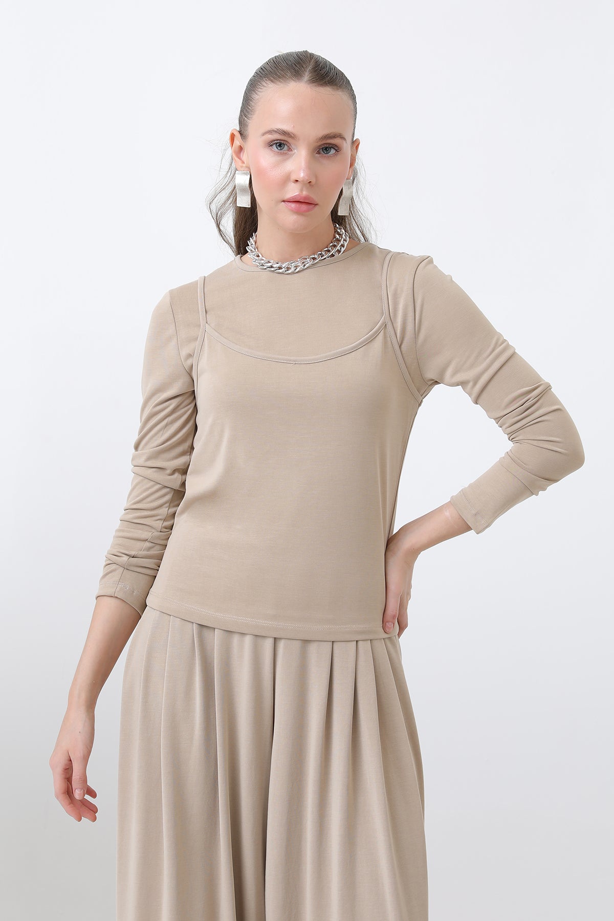 Kadın Atlet Detaylı Bluz -32262BLZ - BEIGE