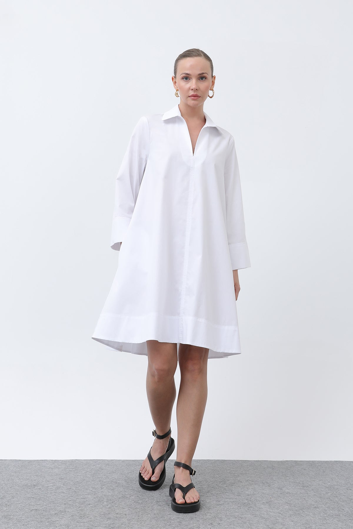 Kadın Poplin Mini Elbise -32274ELB - ECRU