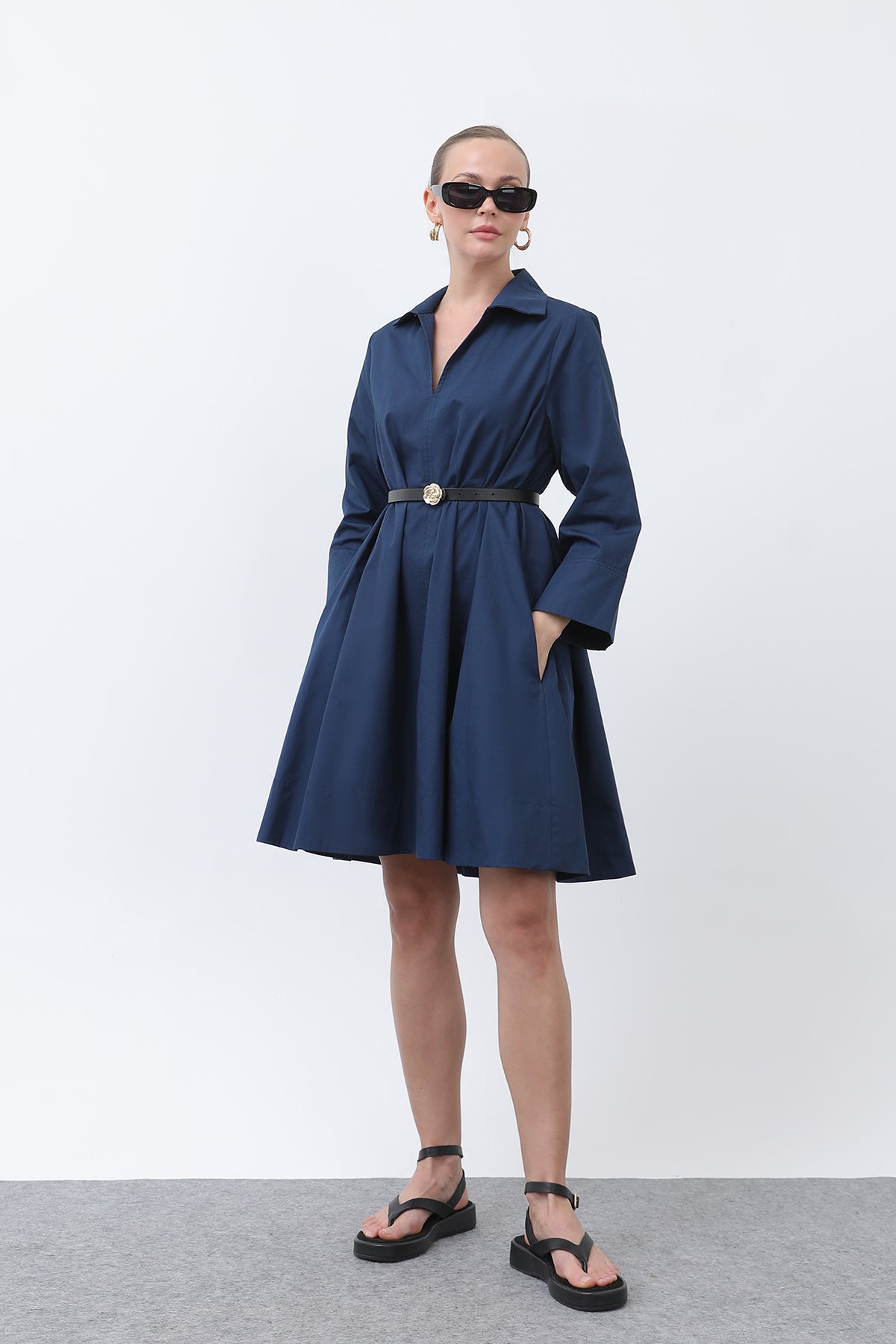 Kadın Poplin Mini Elbise -32274ELB - NAVY