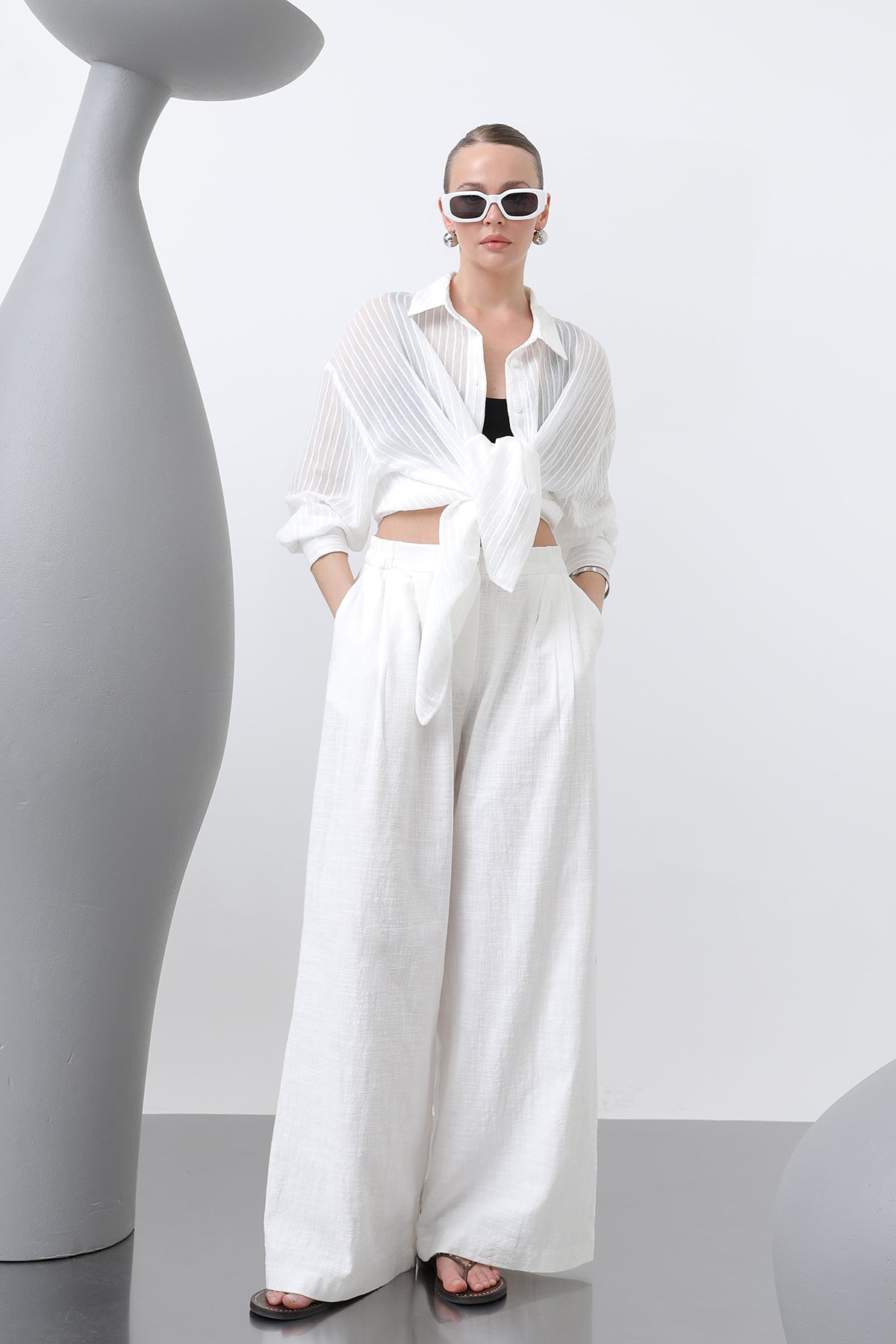 Kadın Pileli Bol Pantolon - 32276PNT - ECRU