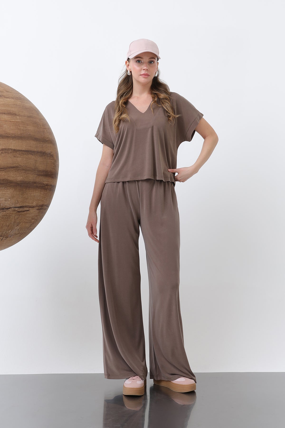 Kadın V Yakalı İkili Takım -32298TKM - BROWN