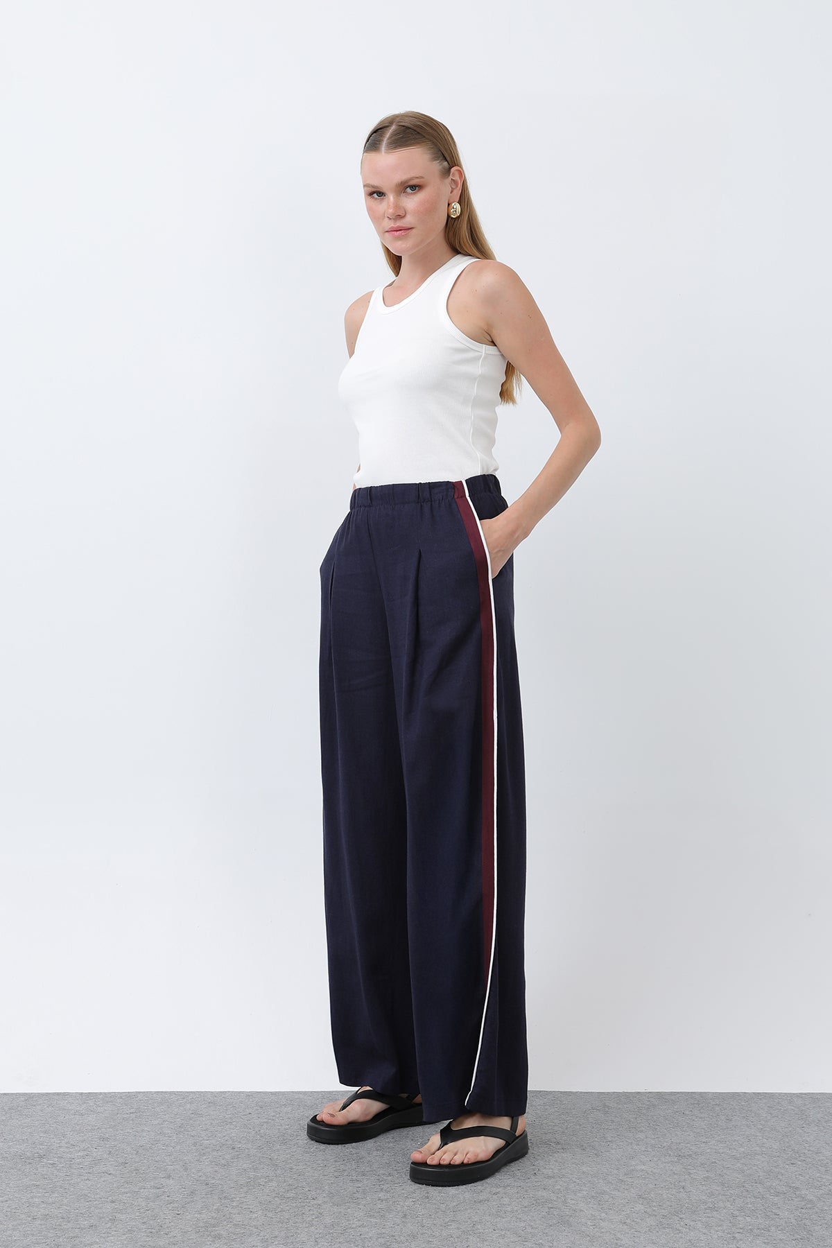 Kadın Yanları Grogrenli Belden Lastikli Pantolon -32302PNT - NAVY-ECRU