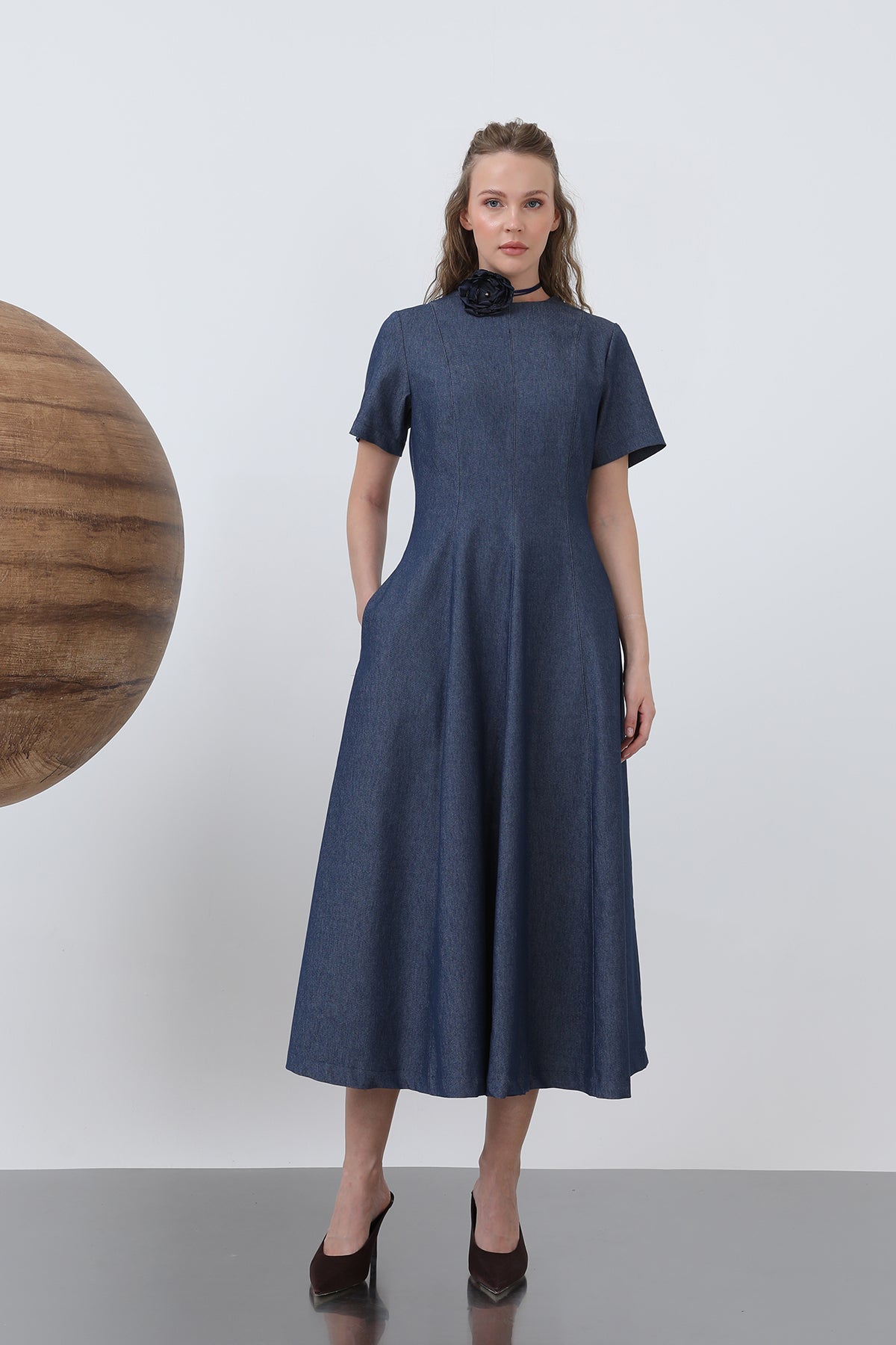 Kadın Denim Açılımlı Midi Elbise - 32308ELB - BLUE