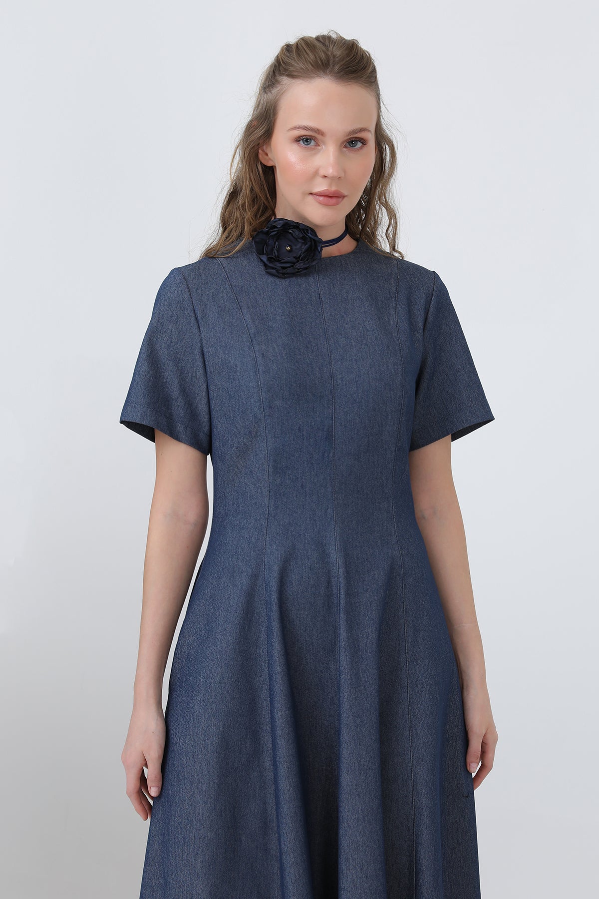 Kadın Denim Açılımlı Midi Elbise - 32308ELB