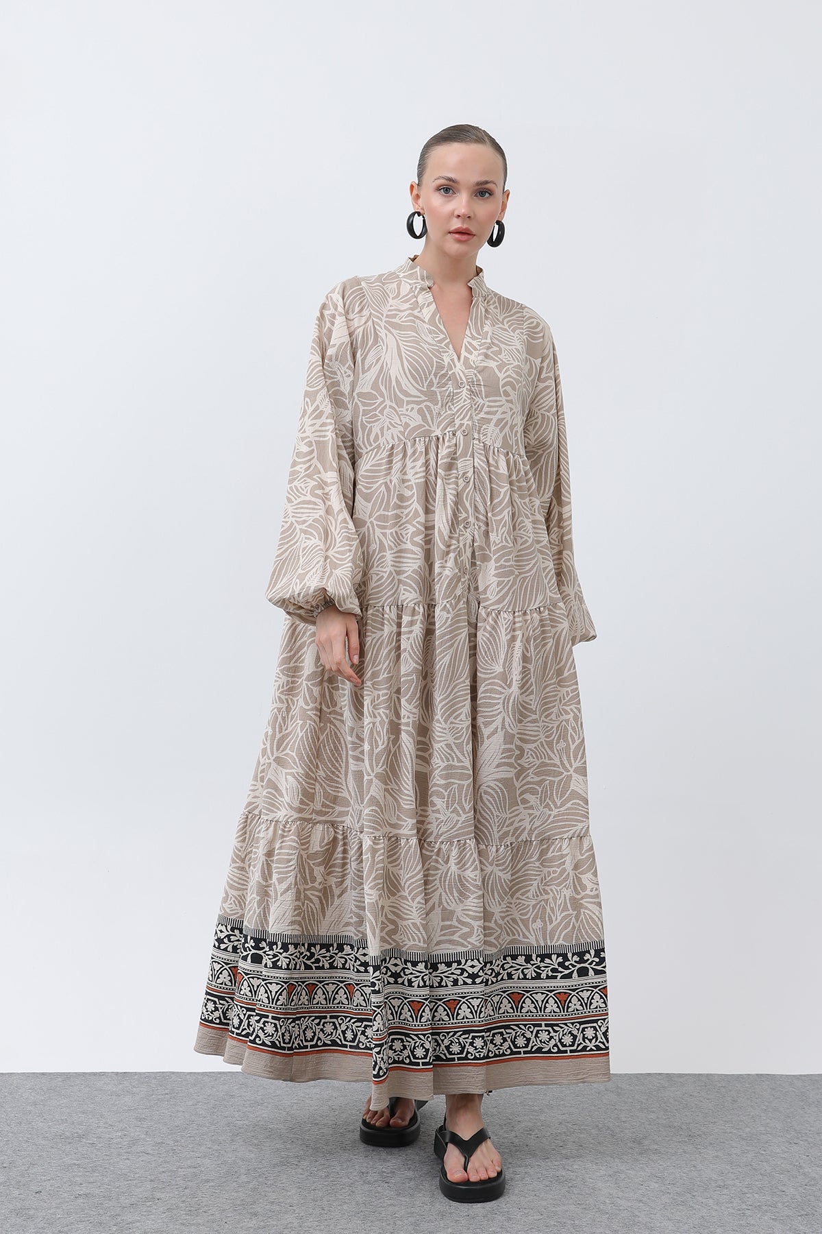Kadın Desenli Elbise - 32311ELB - BEIGE