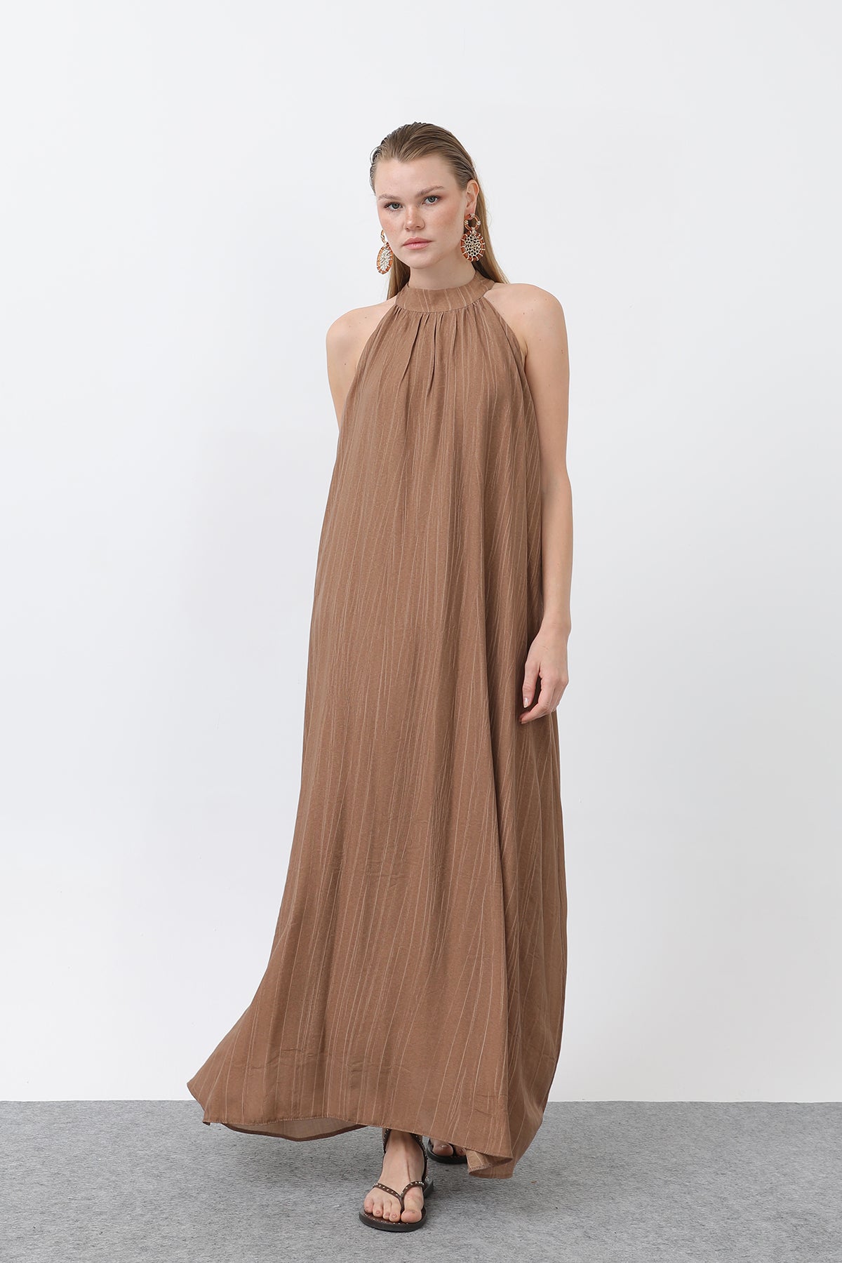 Kadın Halter Yaka Elbise - 32322ELB - BROWN