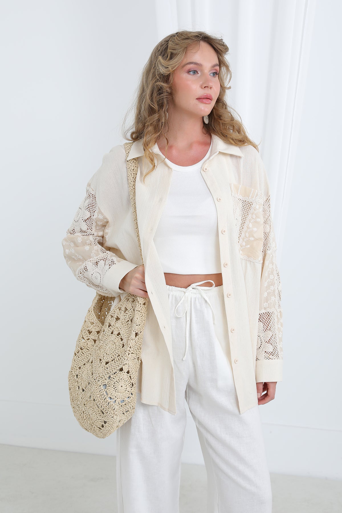 Dantel Detaylı Oversize Gömlek-32324GML - BEIGE