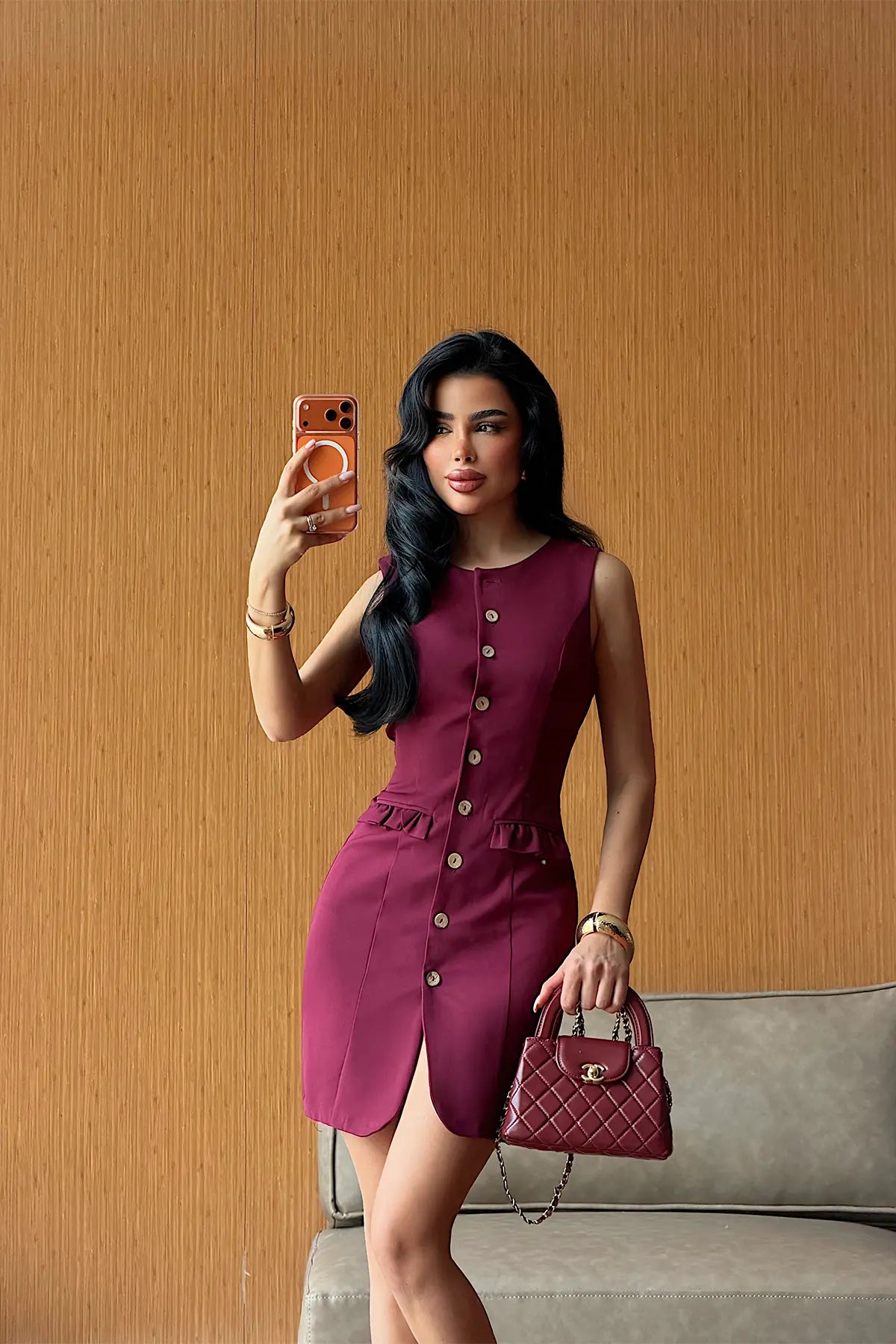 Bordo Düğmeli Elbise