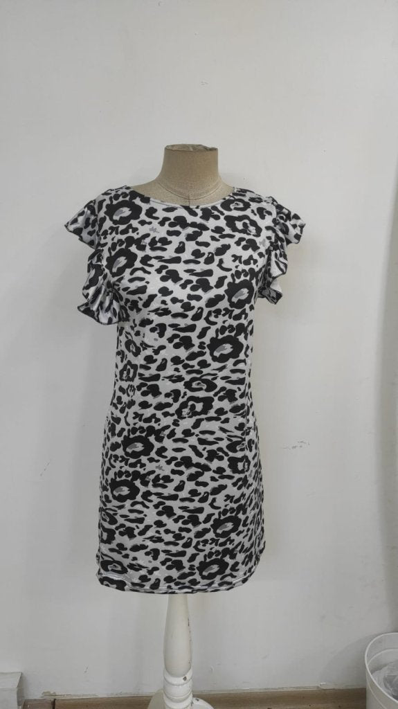 Kadın Kısa Kollu Kolları Fırfır Detay Arkası Bağlamalı Leopar Desen Kolsuz Mini Mikro Elbise , 34980