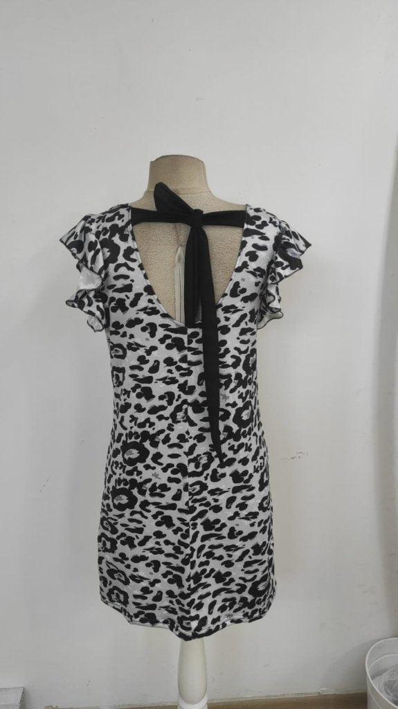 Kadın Kısa Kollu Kolları Fırfır Detay Arkası Bağlamalı Leopar Desen Kolsuz Mini Mikro Elbise , 34980